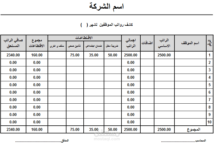 كشف رواتب الموظفين الشهرية
