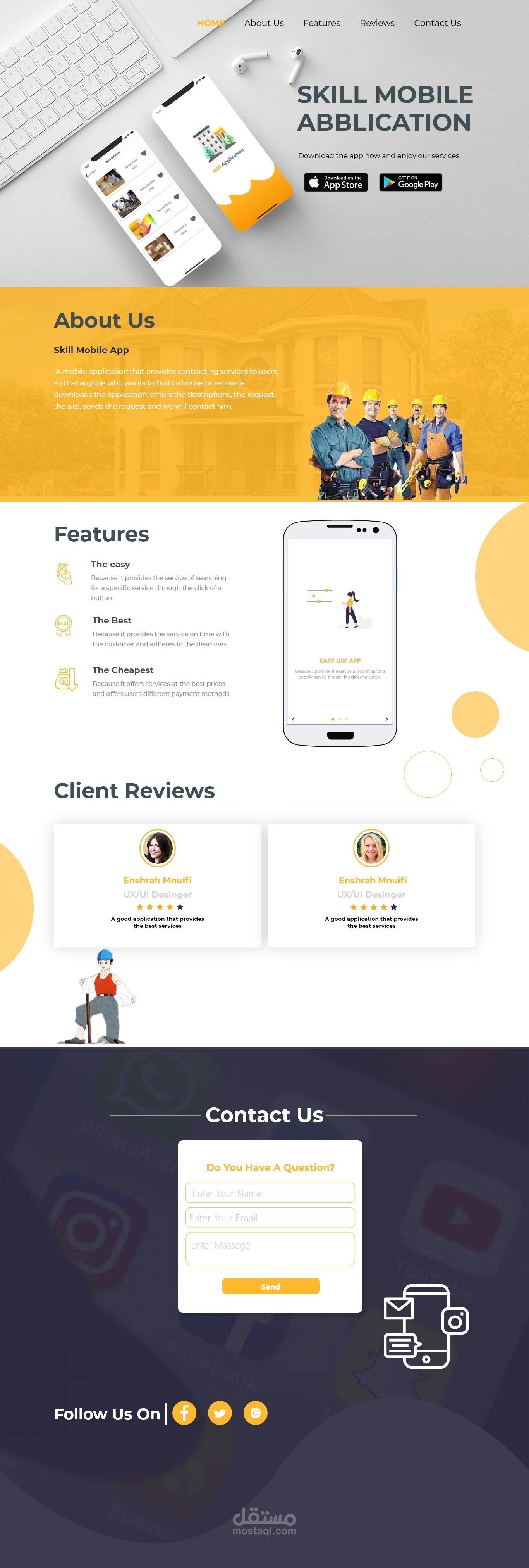 تصميم صفحة هبوط لموقع الالكتروني يقدم خدمات بناء