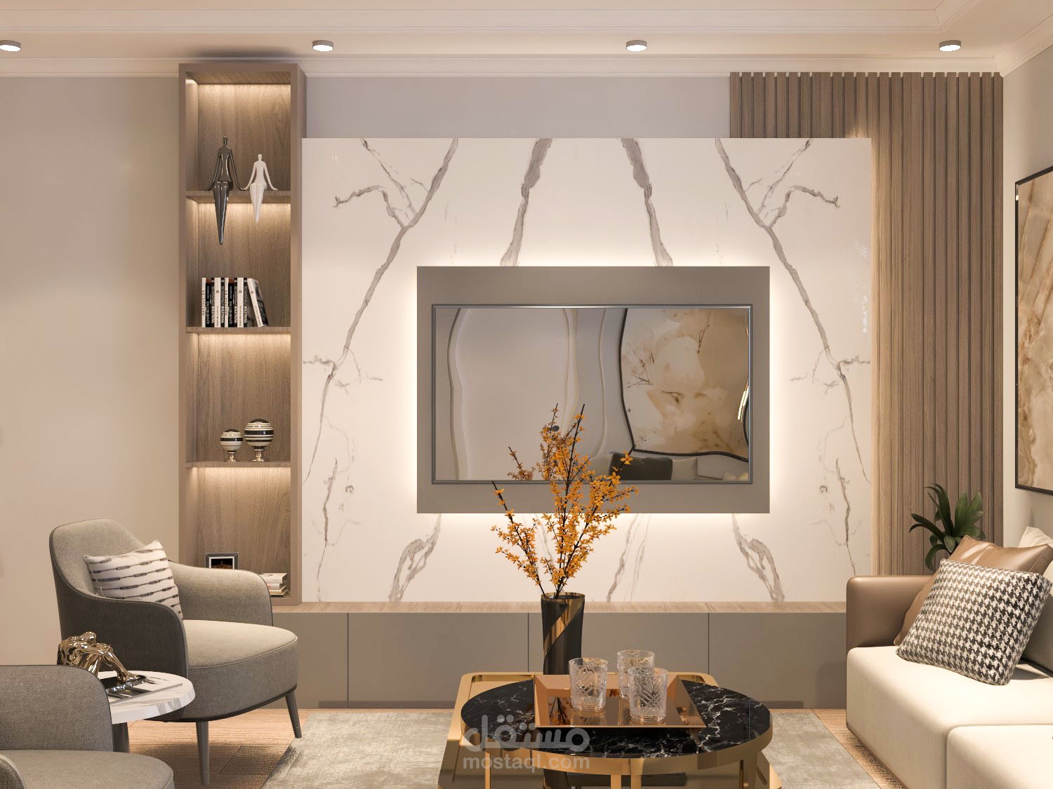 تصميم صالة معيشة  مودرن لشقة سكنية بالسعودية