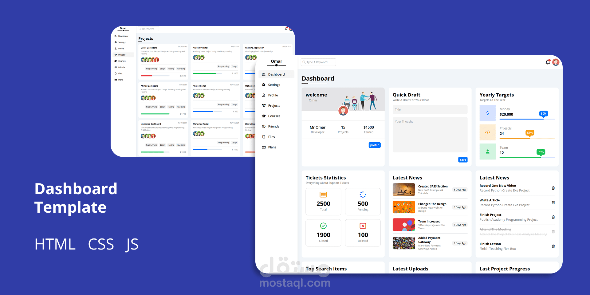 Dashboard UI متكامل بلغة HTML وCSS وJavaScript Vanilla،