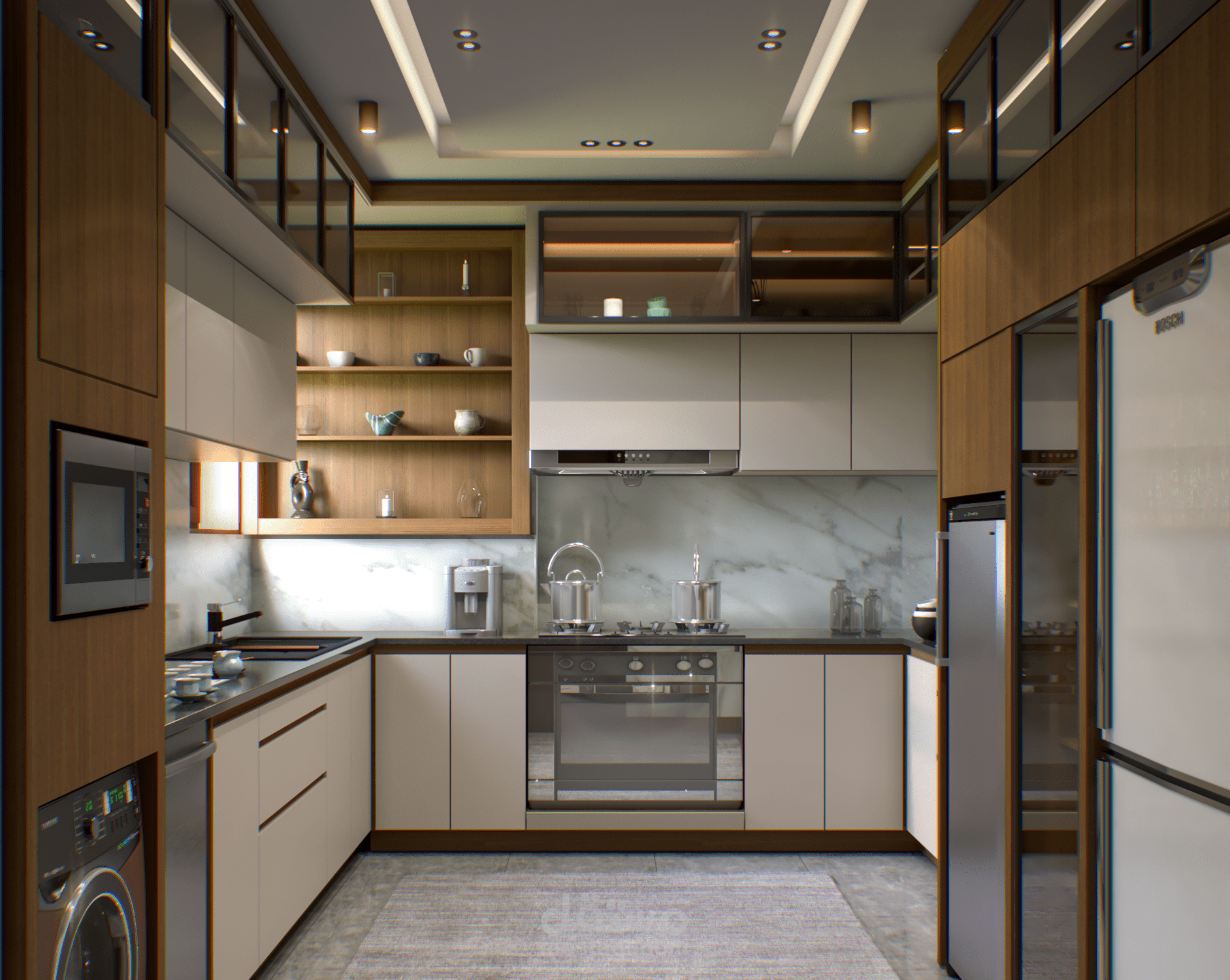 تصميم مطبخ عصري مع استغلال ذكي للمساحة وإضاءة مدمجة على الوحدات العلوية.