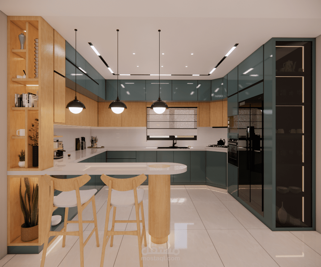 تصميم مطبخ عصري بلون الـ Navy Blue والخشب الطبيعي