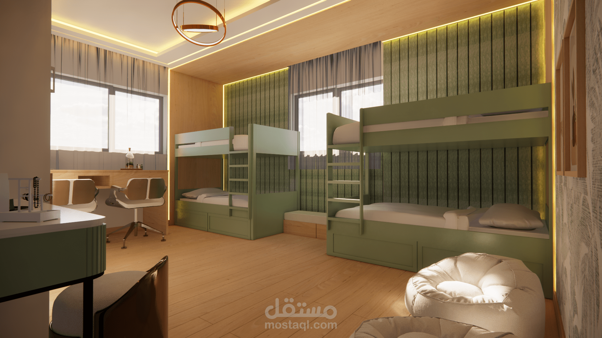 تصميم داخلي عملي وأنيق لغرفة نوم مخصصة لأربع بنات