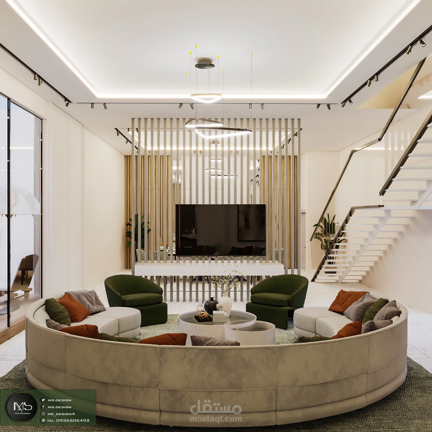 صالة معيشة مع ركن طعام ومسبح في الكويت