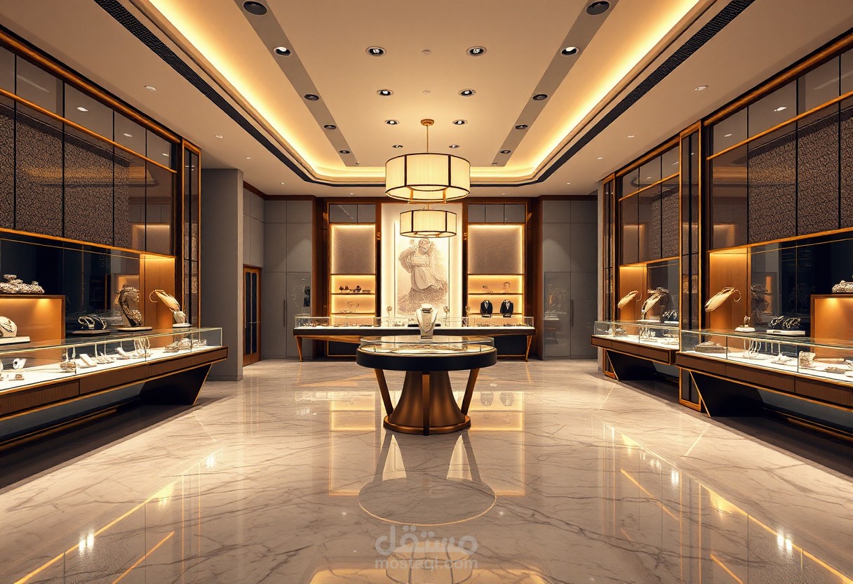 تصميم داخلي واقعي لمحل مجوهرات فاخر بأسلوب مودرن مينيمال luxury