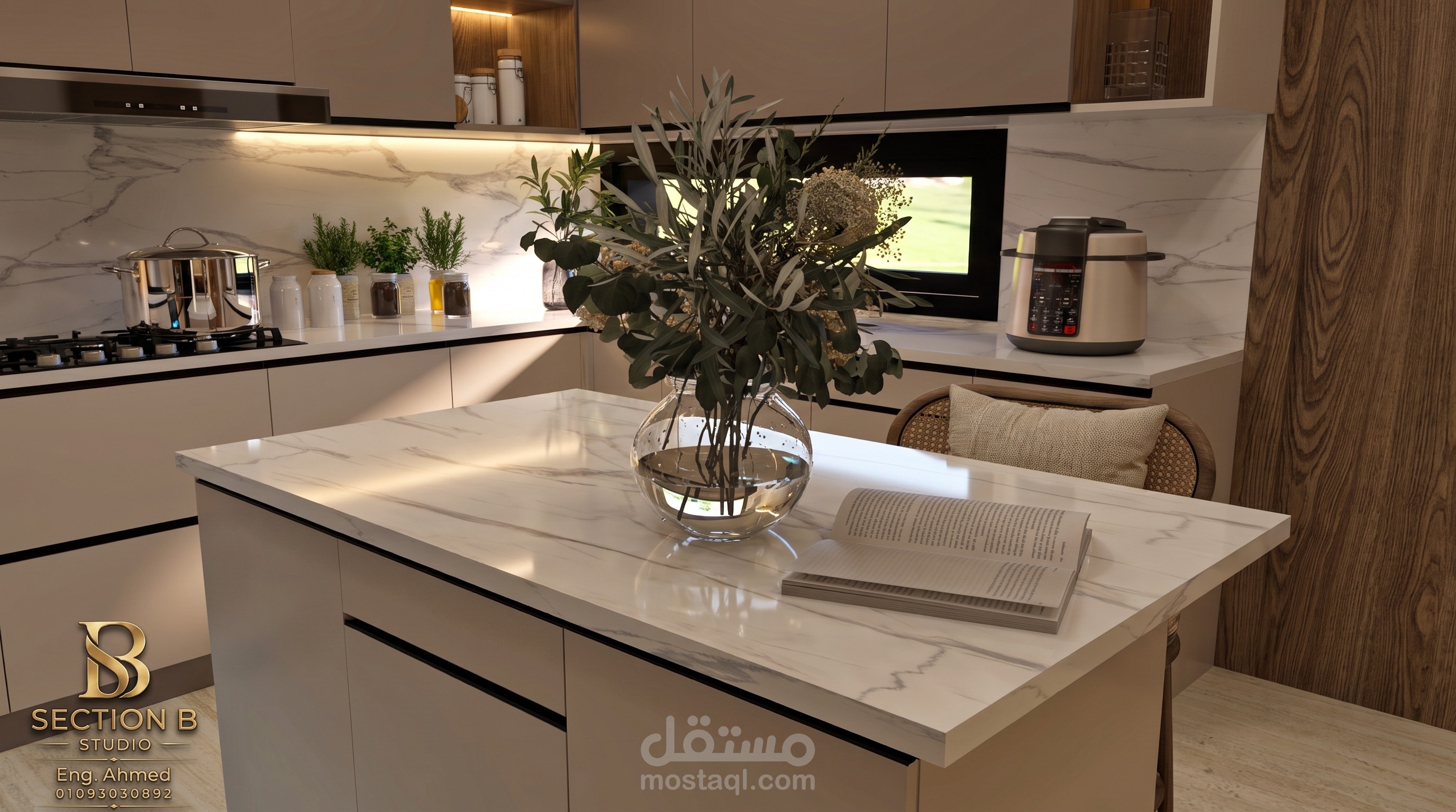 المطبخ مش بس للطبخ، ده قلب البيت ولمة الصحاب والعيلة. تفاصيل الرخام والإضاءة المخفية معمولة مخصوص عشان تفتح نفسك كل يوم وأنت في بيتك.