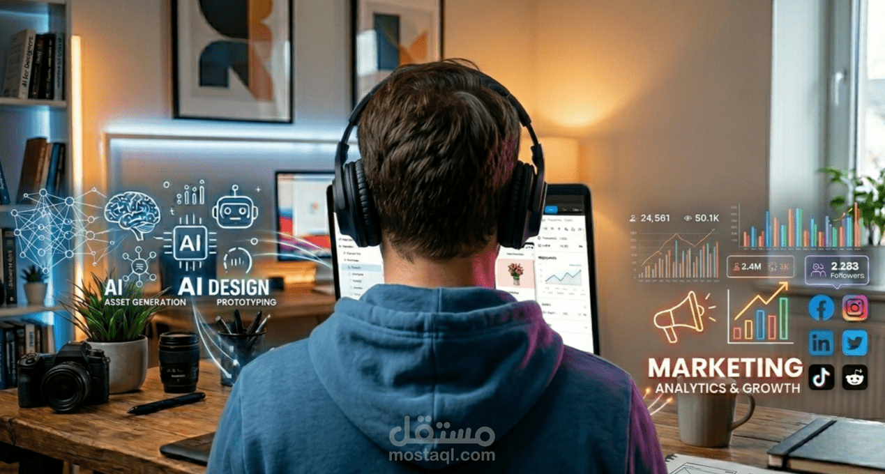 مصمم أصول رقمية بالذكاء الاصطناعي – تطوير نماذج أولية + تحليلات تسويقية
