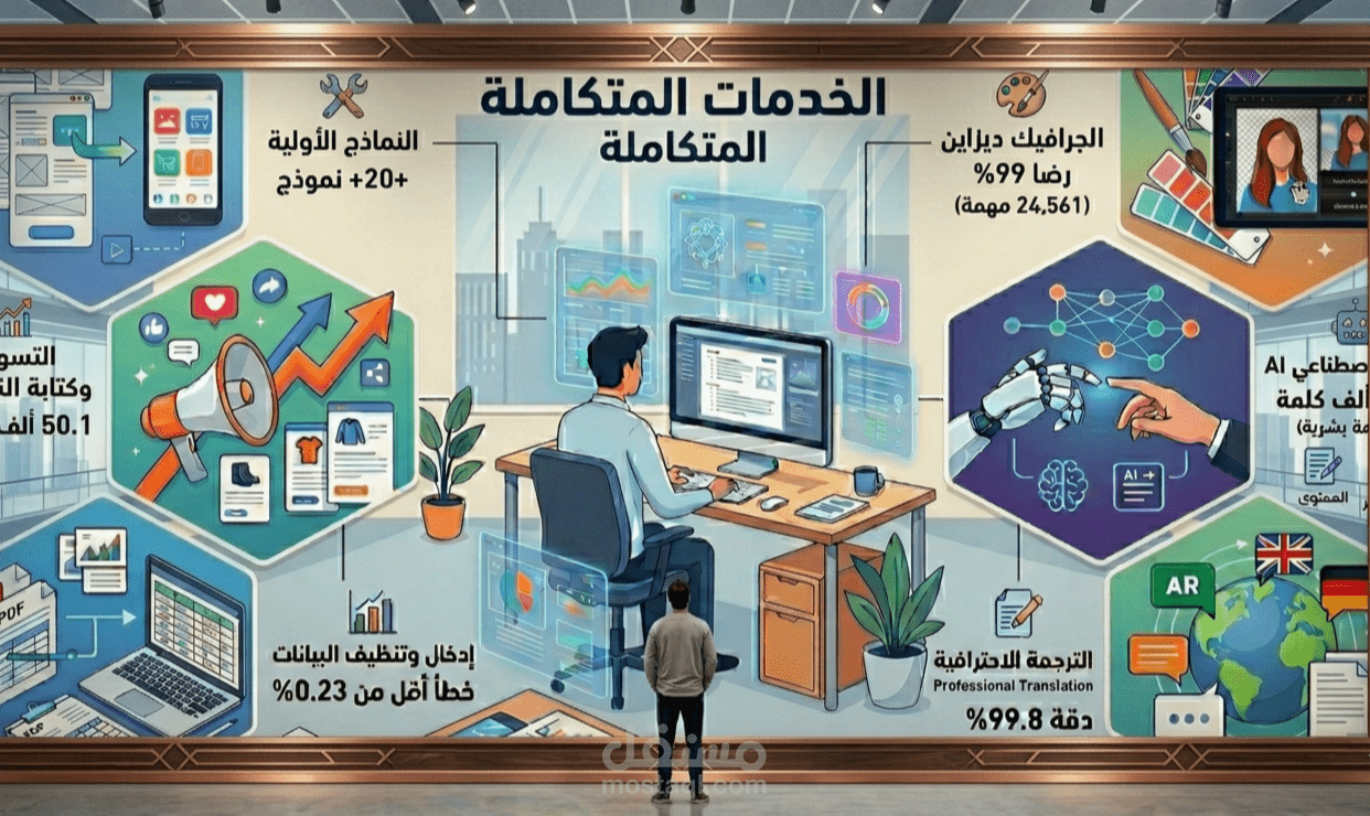 جرافيك ديزاين + ترجمة + تسويق + بيانات + ذكاء اصطناعي (خبرات موثقة بالأرقام