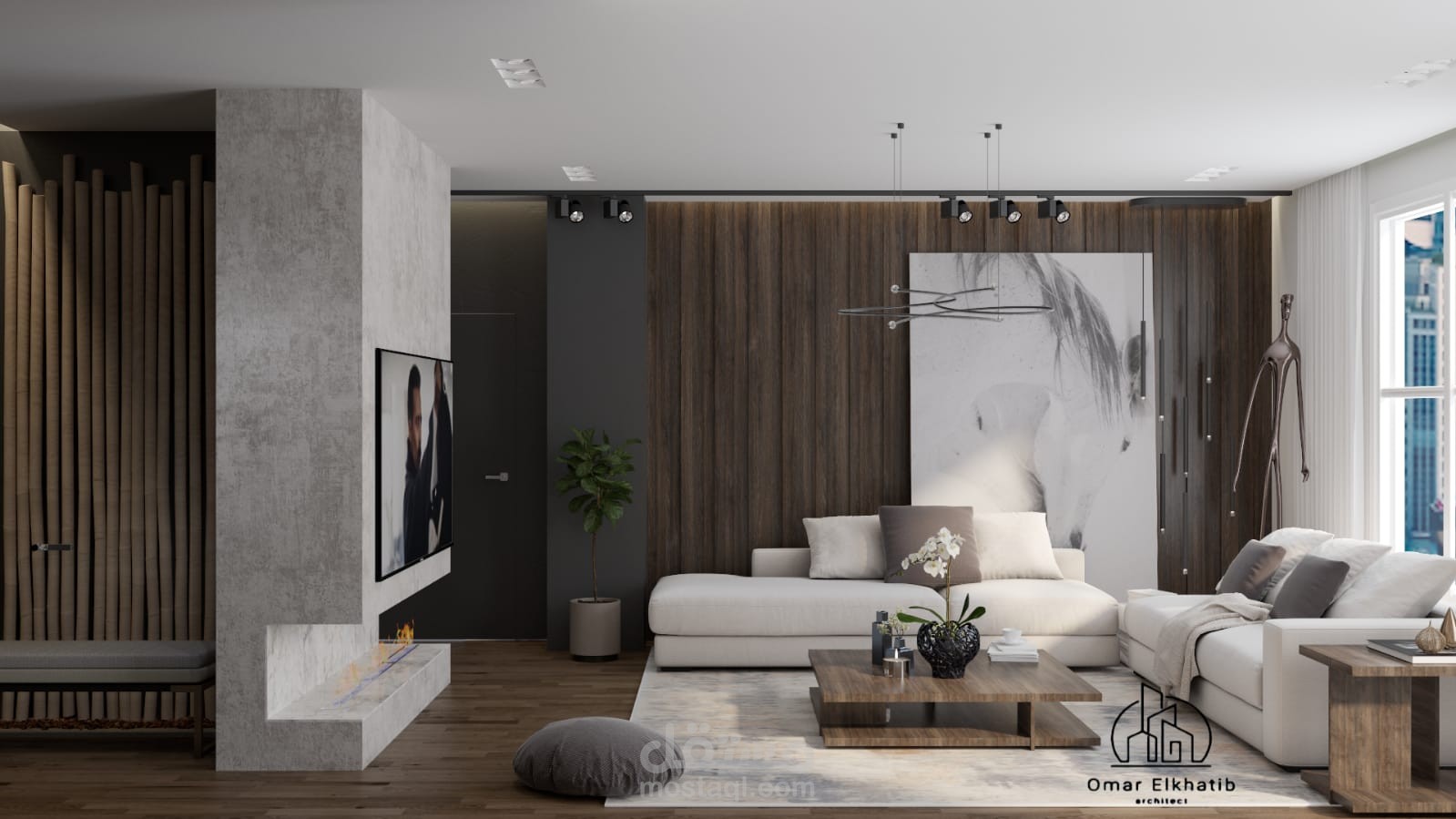 تصميم غرفة معيشة (صالة) بها مطبخ مفتوح