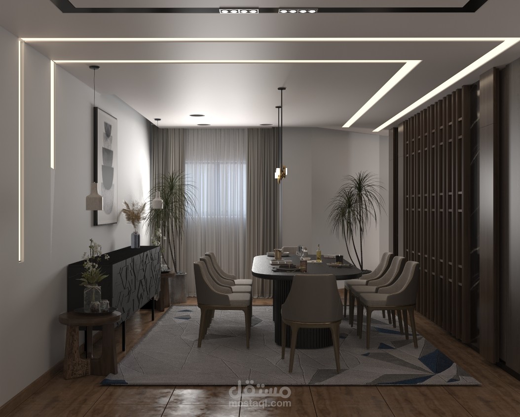 تصميم لفراغ استقبال مع فراغ معيشة و طاولة طعام