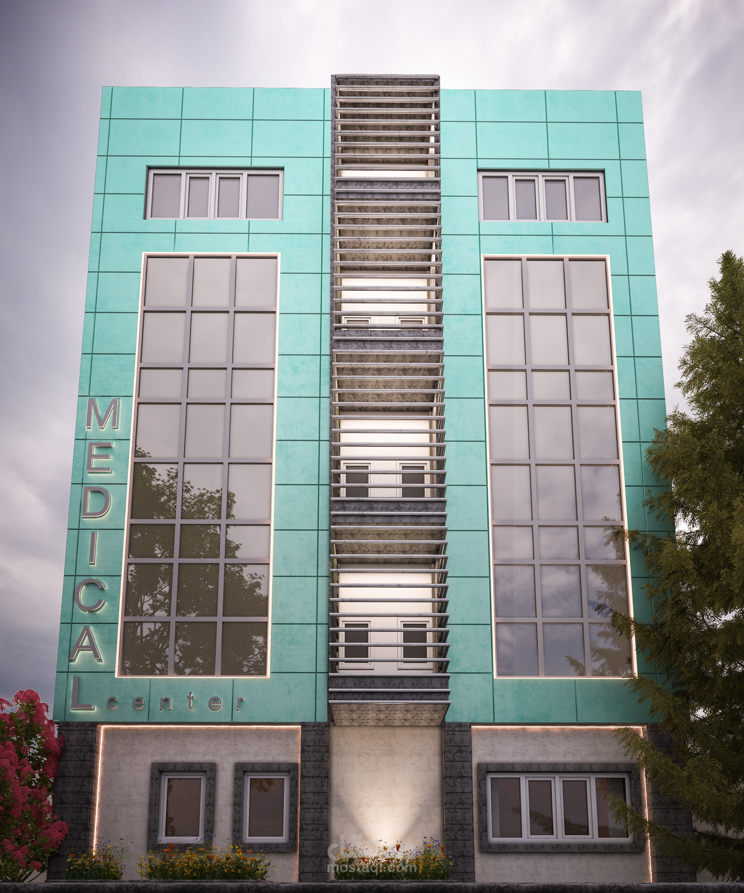 تصميم خارجي لواجهة مبنى إدارى لمركز طبي حديث