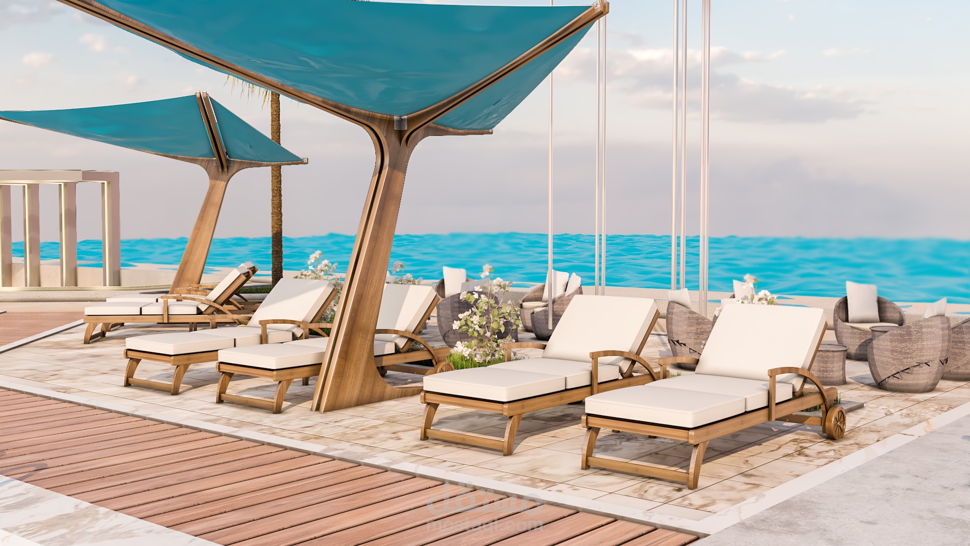 تصميم لاندإسكيب لمنطقة العاب مائيه وحمام سباحه ومطاعم وقعدات ومسرح مكشوف بدولة السعوديه