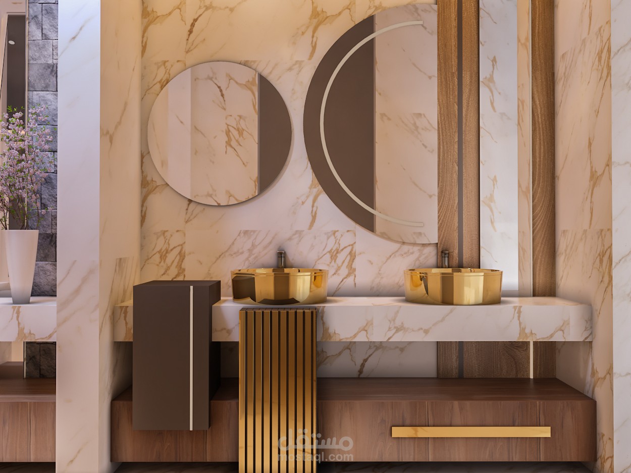 تصميم داخلى لمجموعة حمامات فيلا ومجموعة مغاسل