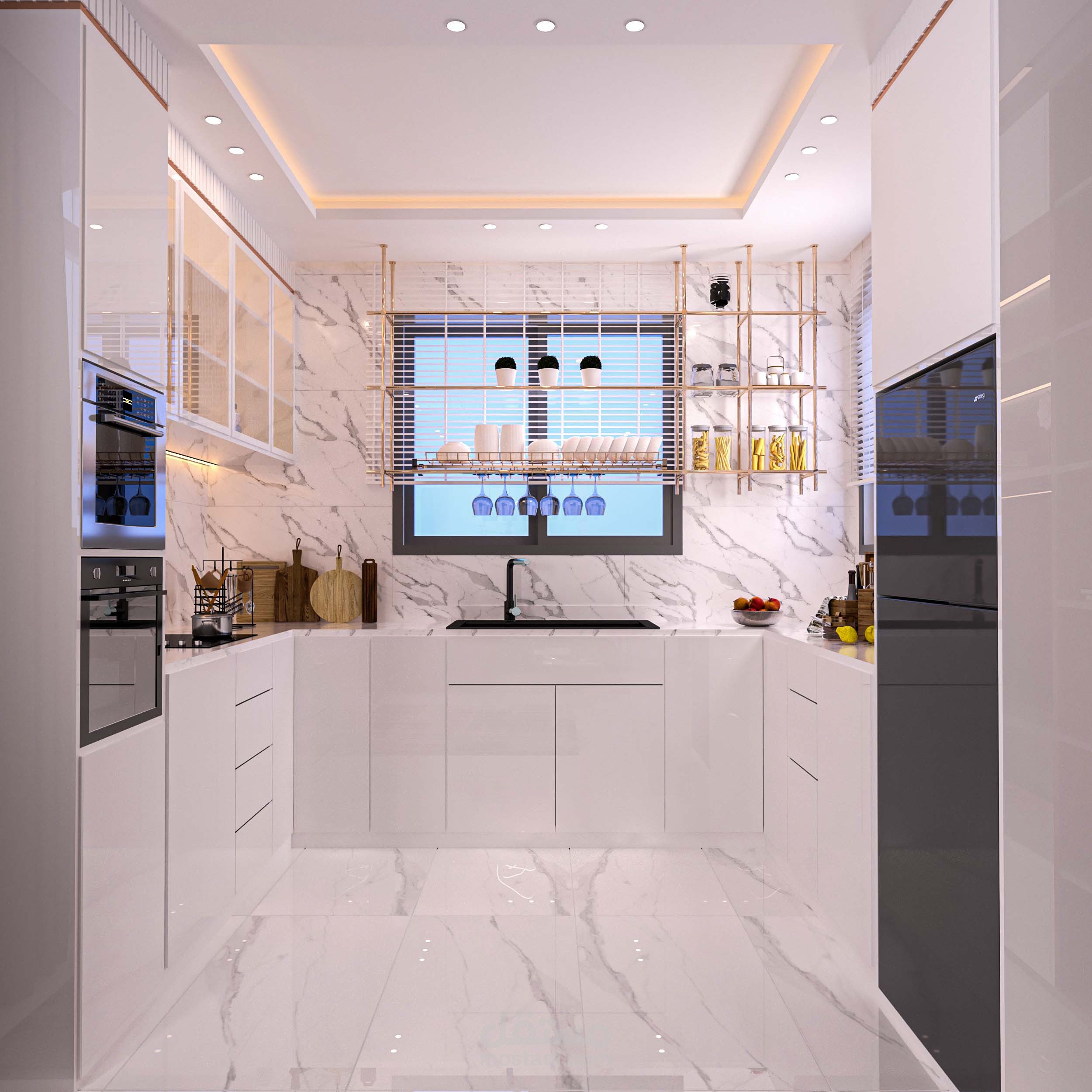 تصميم شقة سكنية , مطبخ وصالون معيشة
