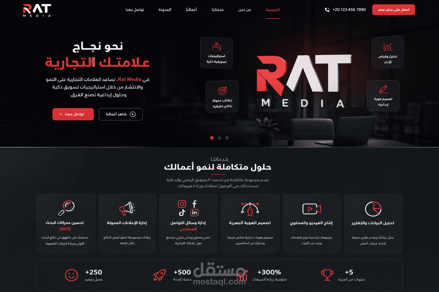 تصميم الهوية الرقمية والموقع الرسمي لشركة Rat Media للتسويق والدعاية والإعلان