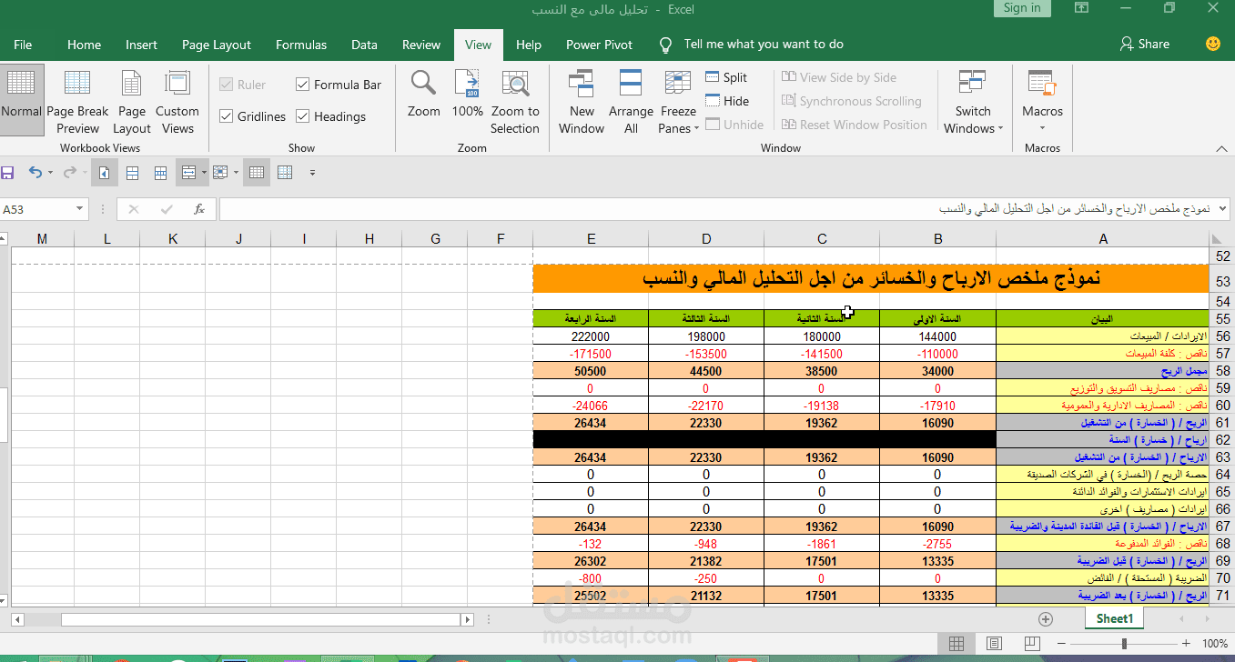 قائمة الأرباح والخسائر باللغة العربية باستخدام Excel