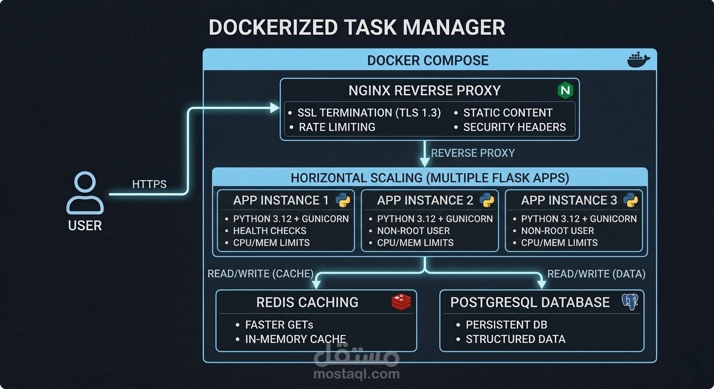 نظام إدارة المهام بمعايير التشغيل الفعلي (Production-Ready Docker Stack)