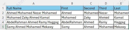 اكسيل لفصل الاسماء الرباعيه في عواميد منفصله