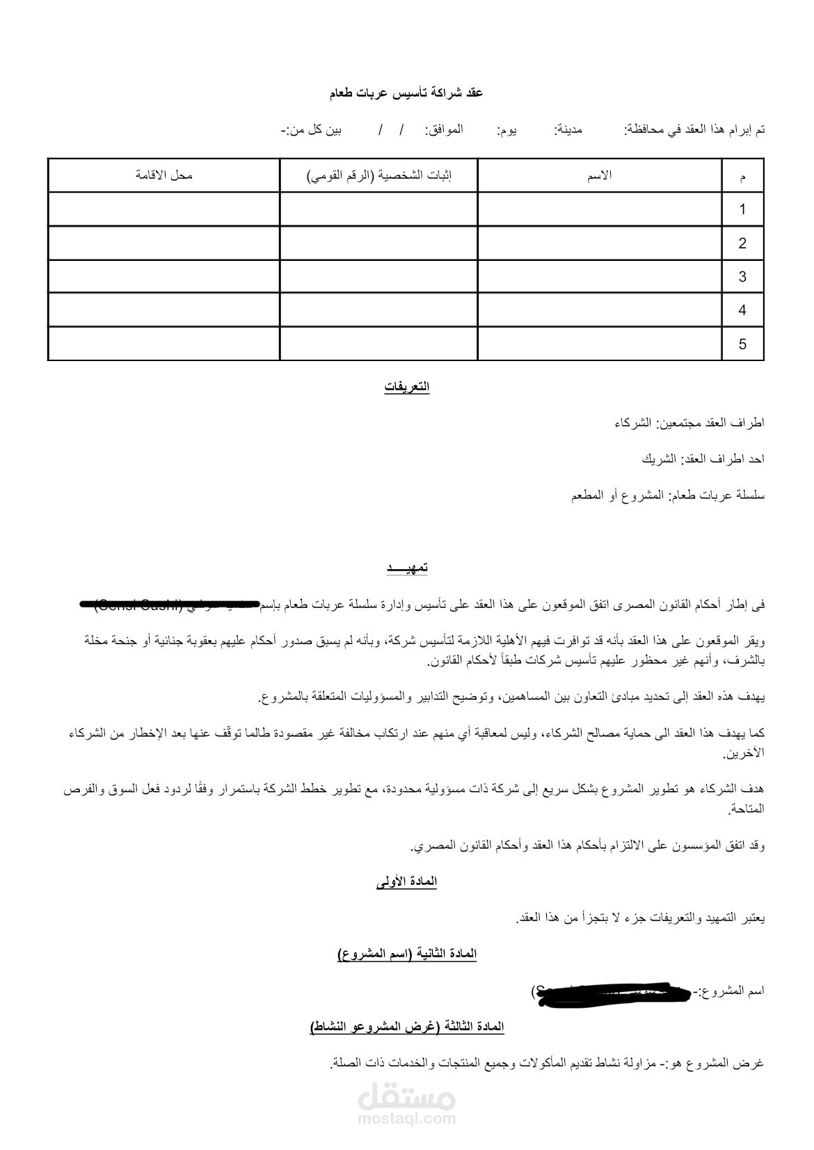 اتفاق شركاء - عقد شراكة و انشاء مطعم