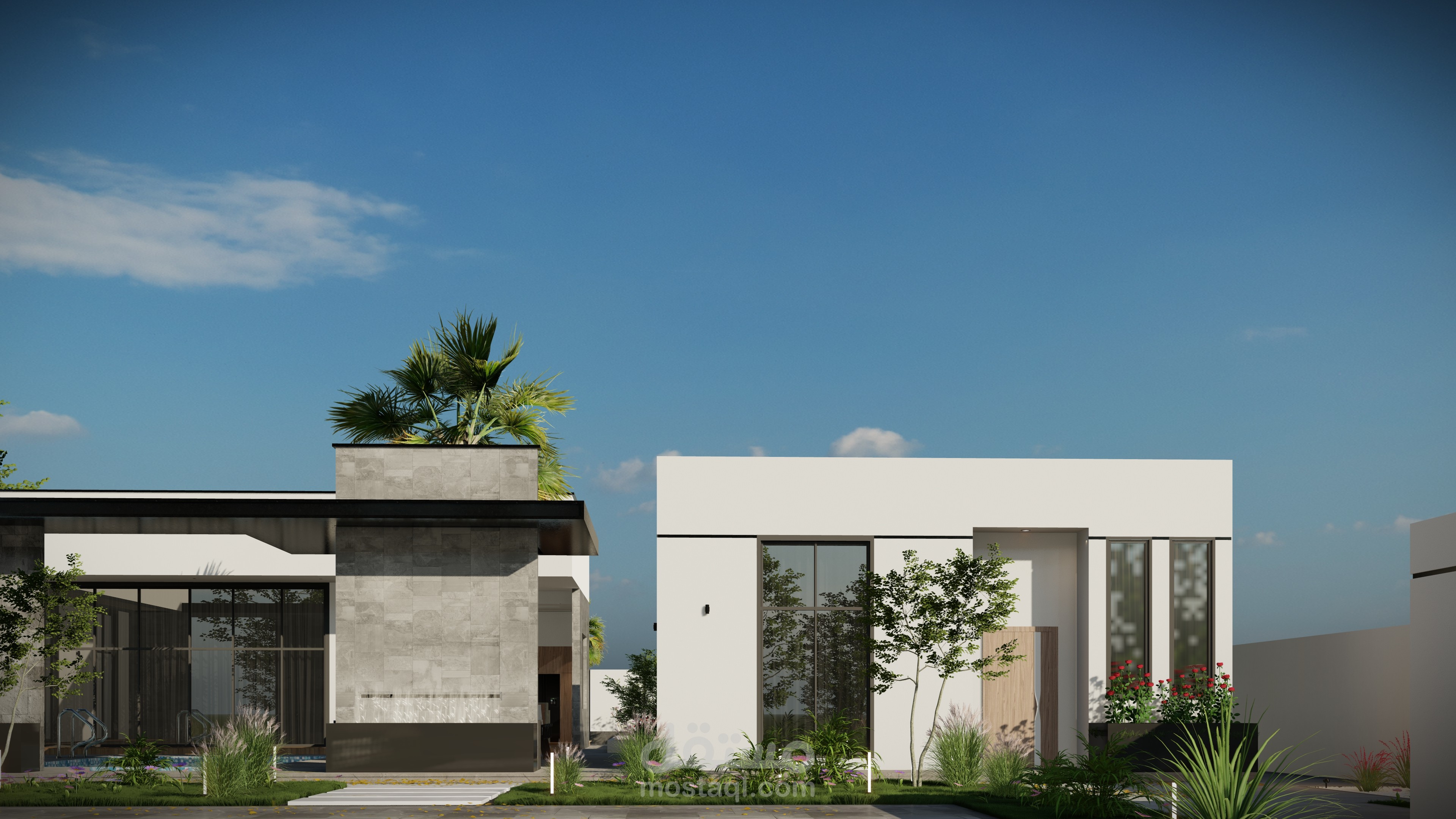 تصميم خارجي | واجهة شاليه ترفيهي مع حديقة طراز حديث