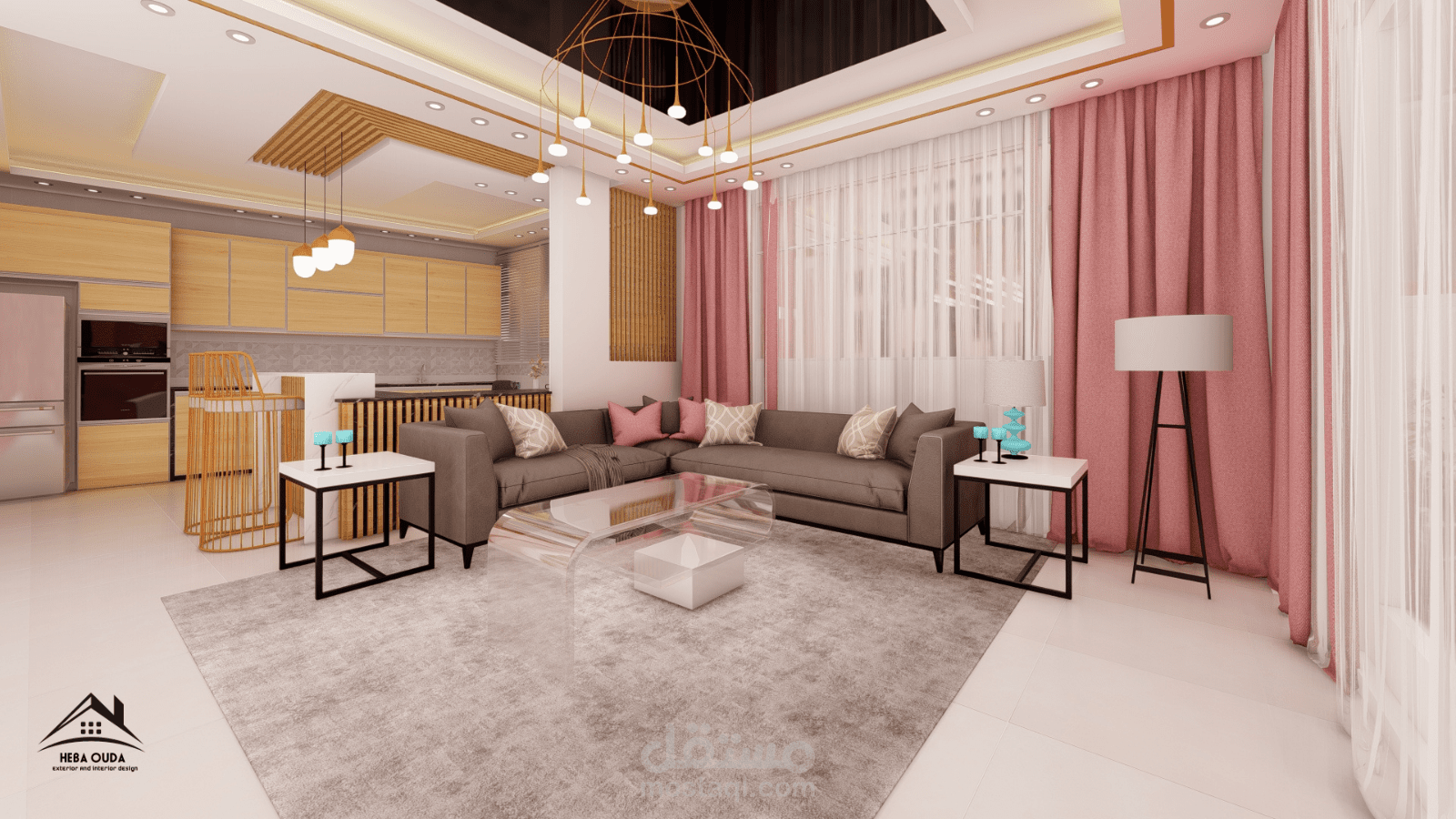 تصميم صالة معيشة ومطبخ وغرفة طعام