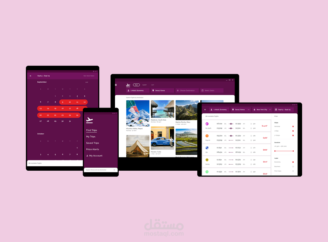 Crane هو تطبيق سفر يستخدم مكونات Material Design و Material Theming لإنشاء تجربة شخصية على العلامة التجارية.