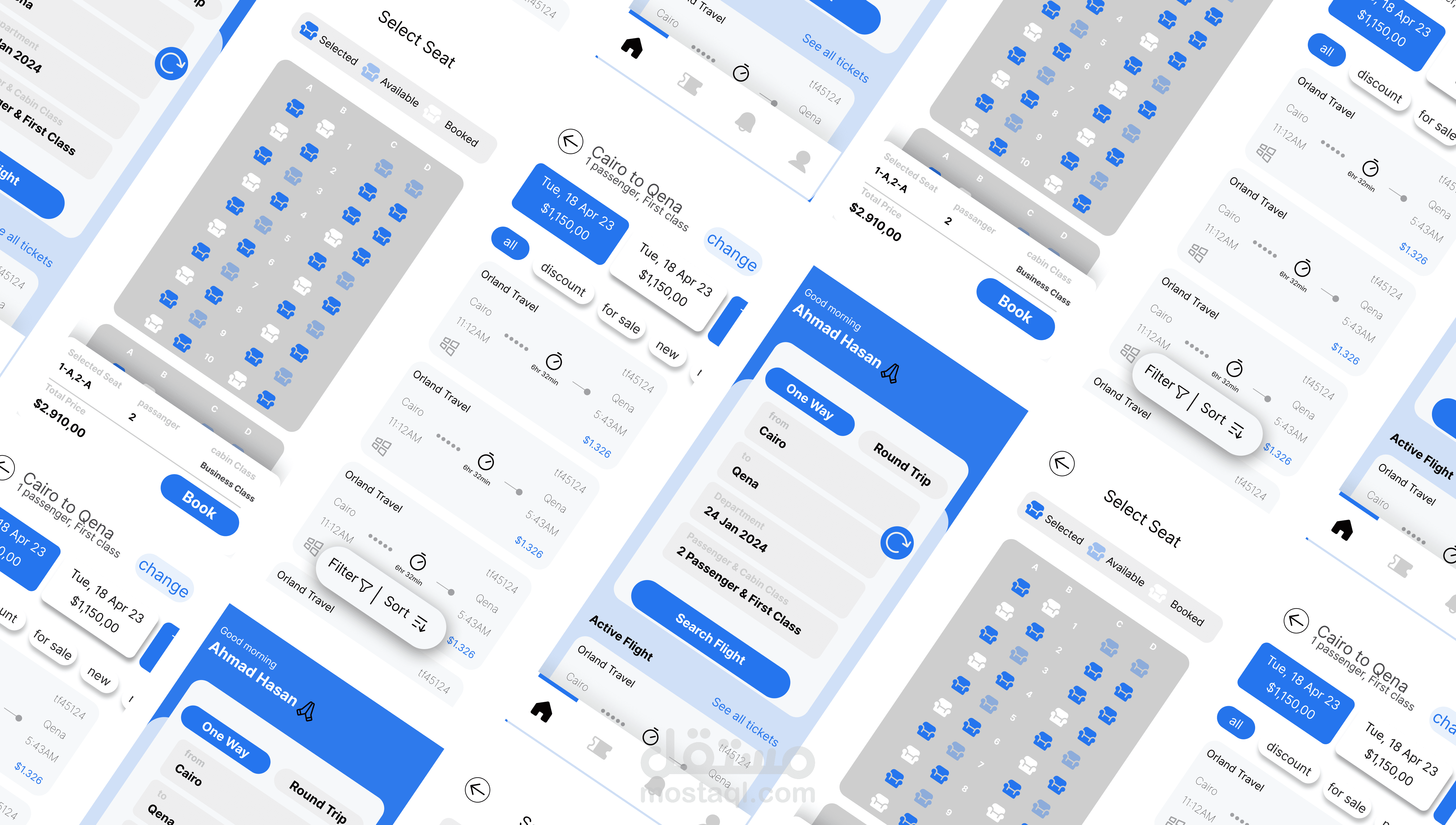 واجهات تطبيق موبيل لحجز مقاعد داخل طائرة