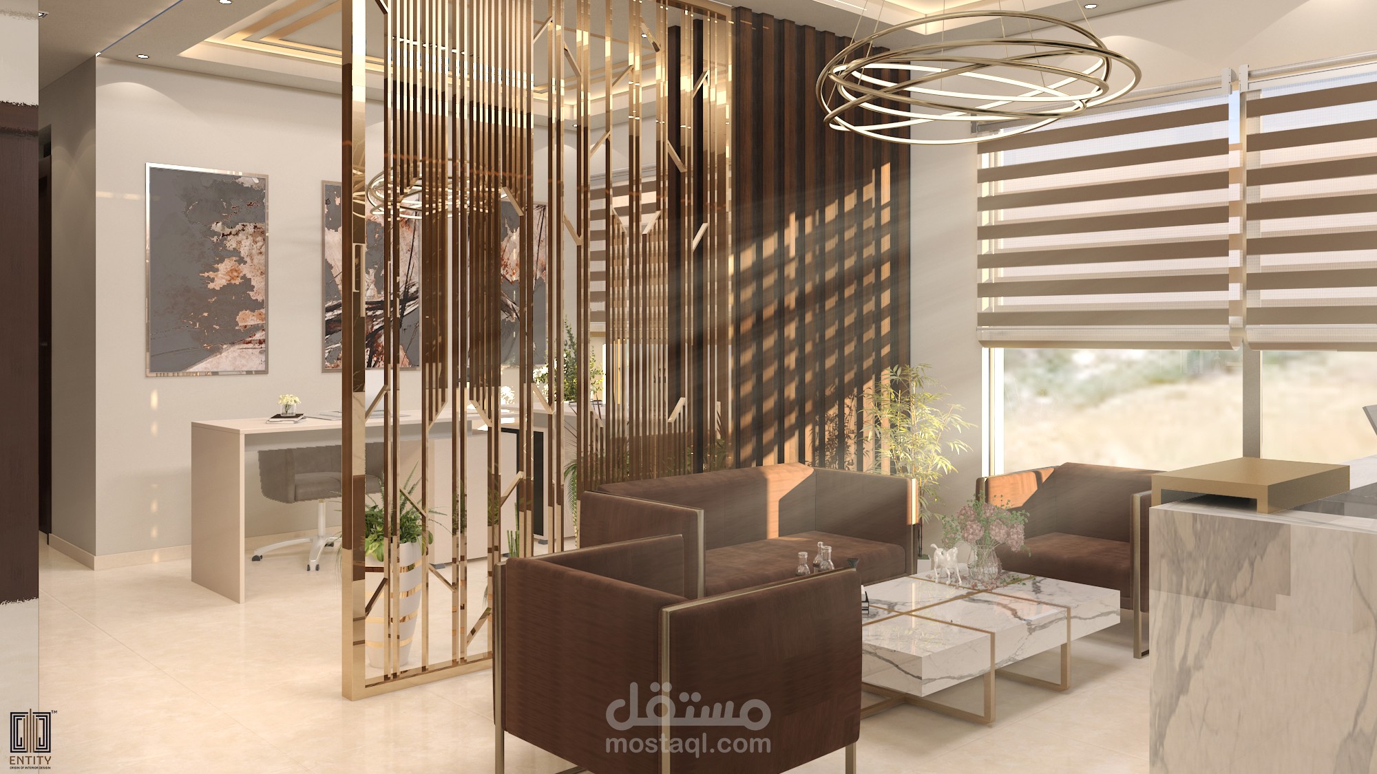 فراغ استقبال مع مكتب ملحق ( طراز حديث ) .