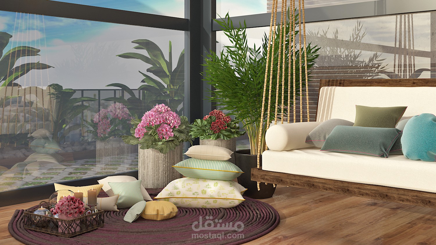 تراس مغلق مع سقف وجدران زجاجية .