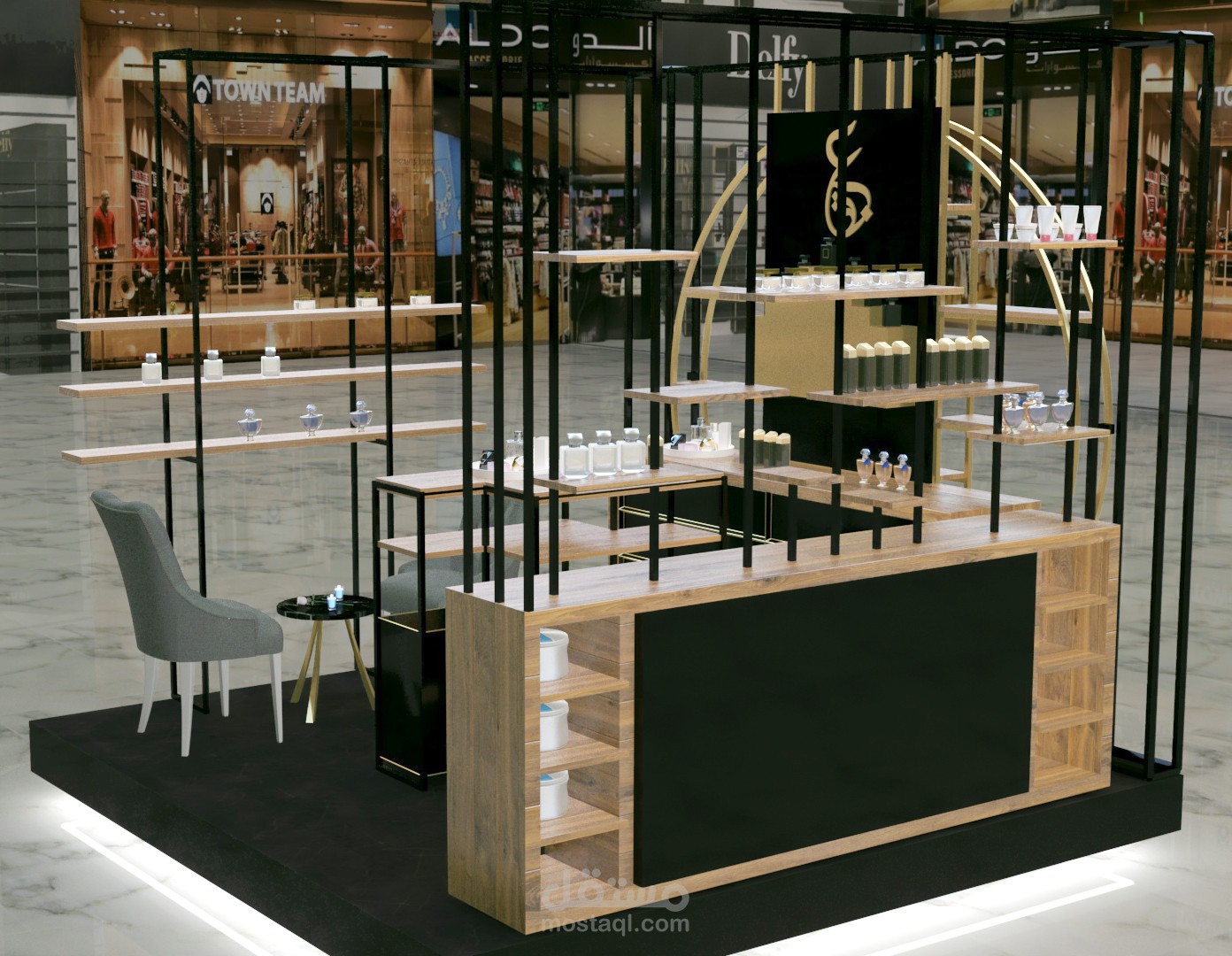 تصميم ركن بيع عطور ضمن مول تجاري في دبي.