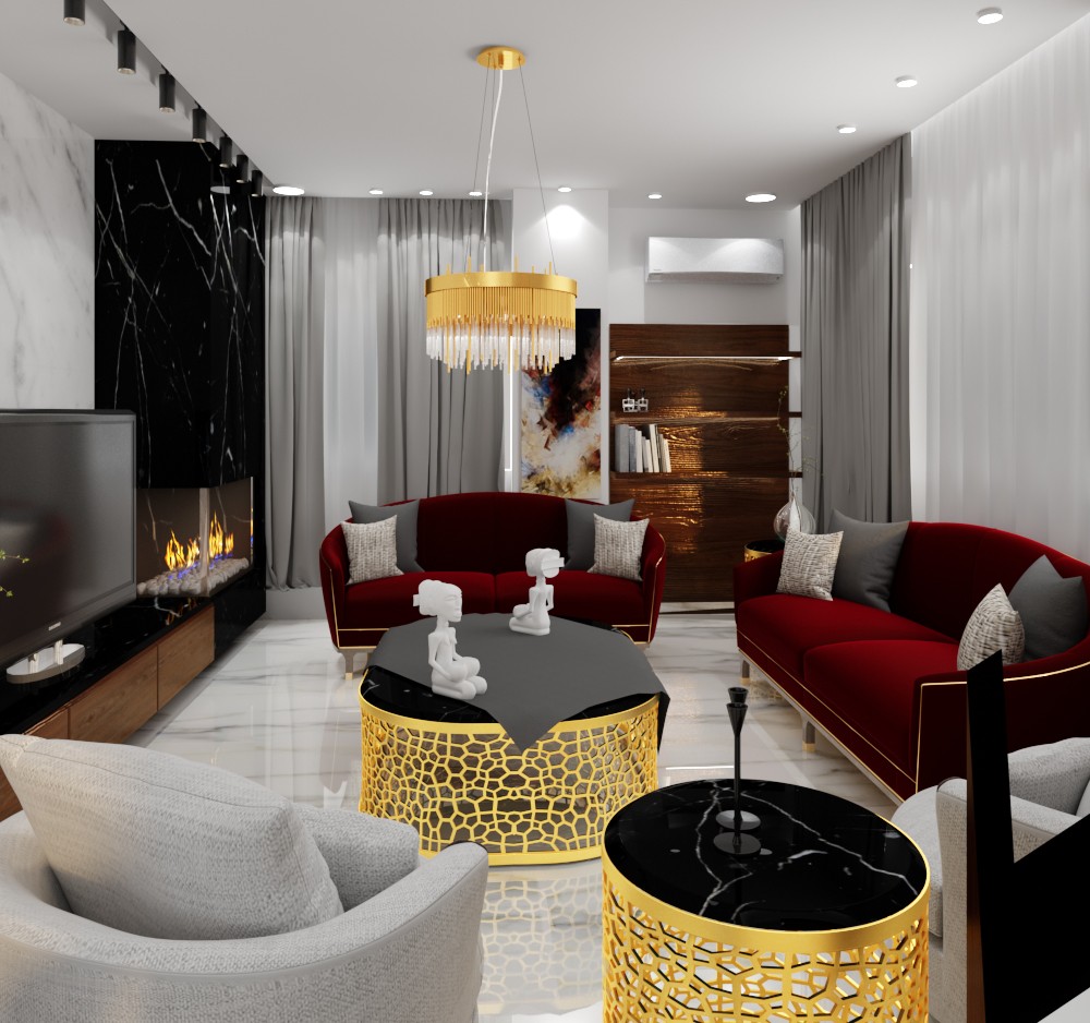 تصميم ديكور داخلي لصالة استقبال مع ركن مطبخ.