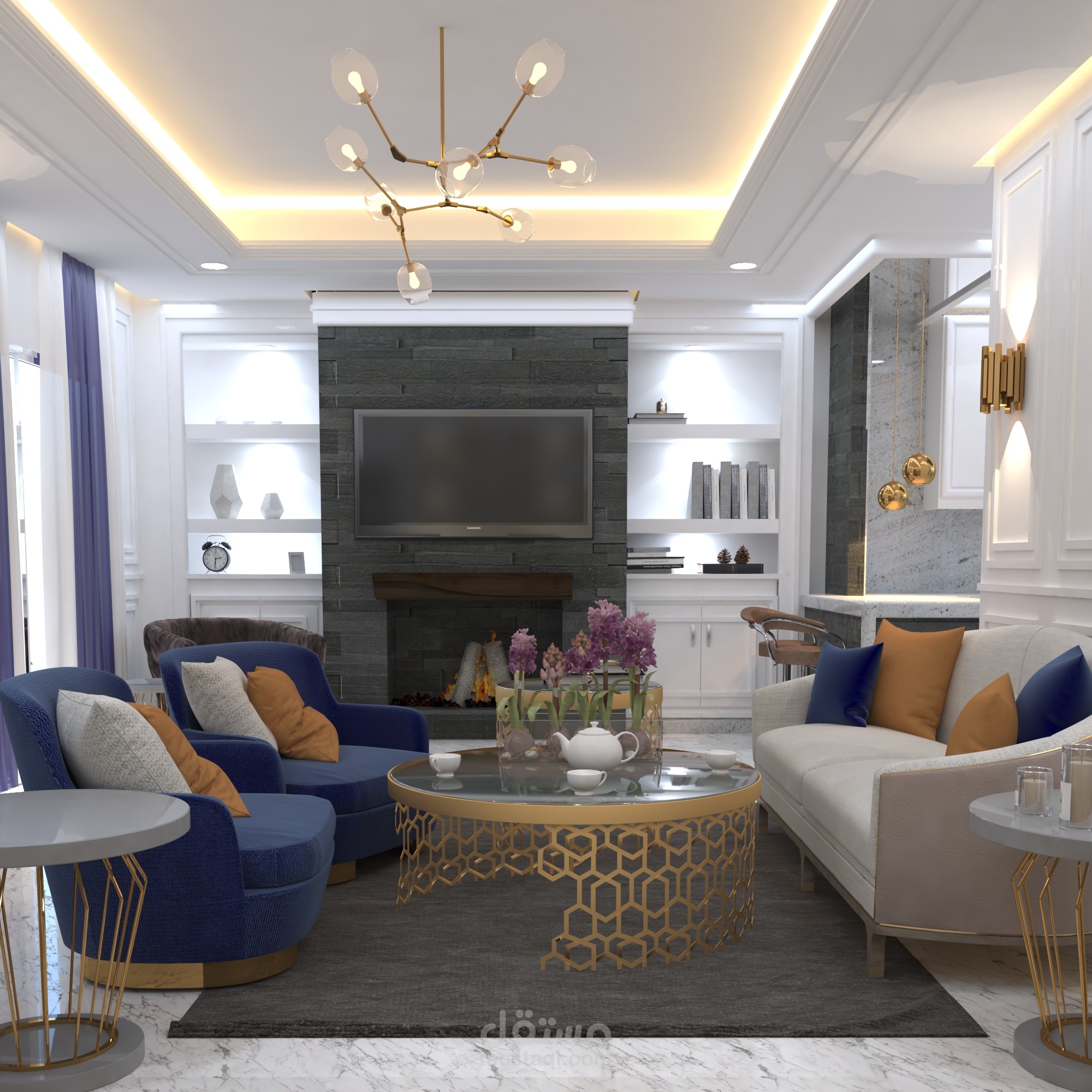 تصميم صالون ومطبخ