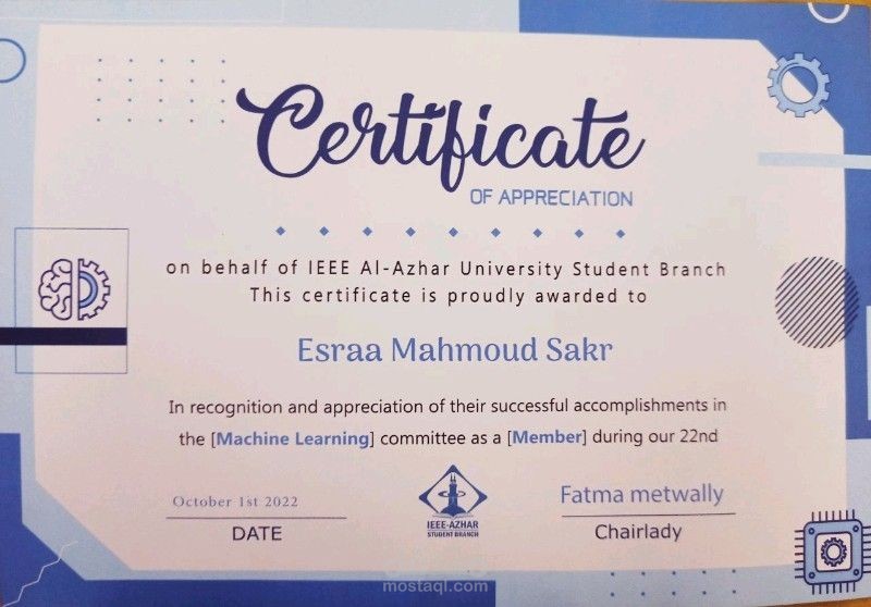 العمل لمدة سنة مع  IEEE Al-Azhar بدورinstractor في تعليم الآلة والذكاء الاصطناعي.