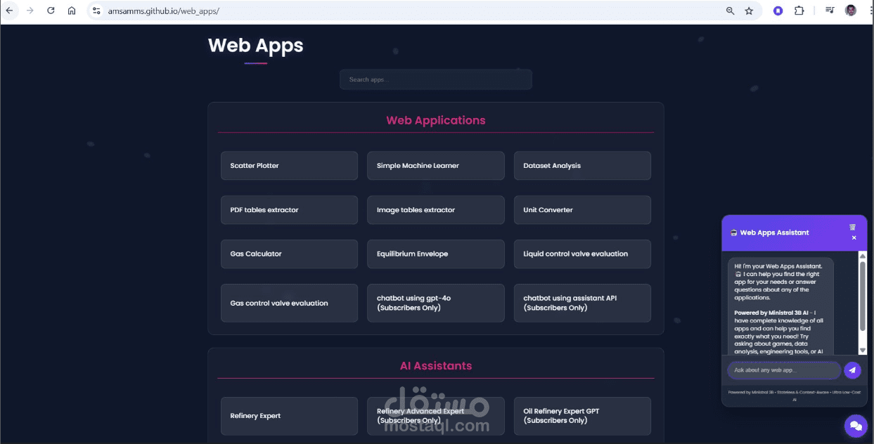 برامج ويب  جميعها من تصميمي لإنجاز بعض المهام اليومية بسهولة و يسر مع وجود شات بوت للرد علي أي شيء له علاقة بالصفحه او البرامج الموجودة فيها مع شريط بحث للتسهيل والتيسير