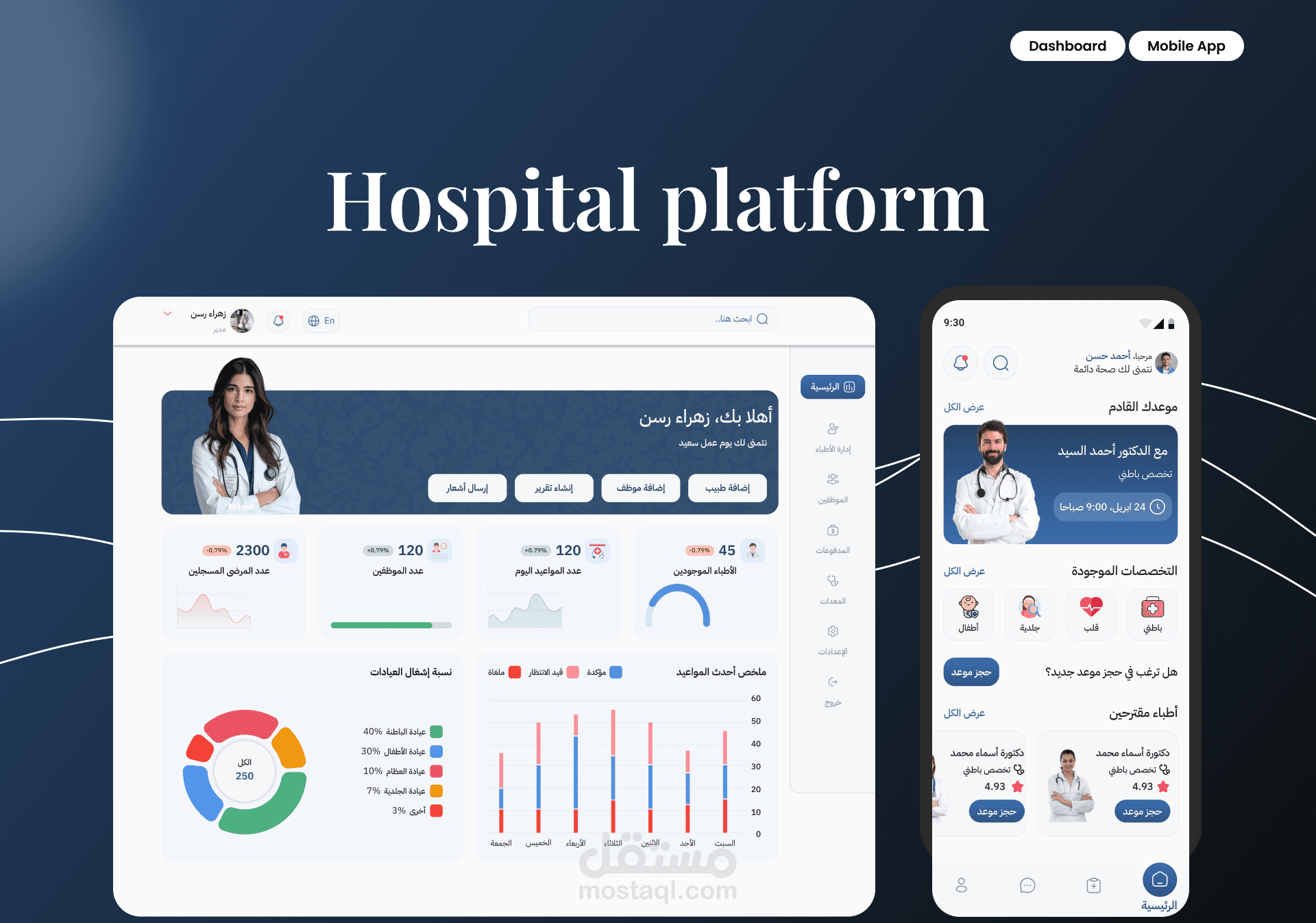تصميم داشبورد وتطبيق موبايل لنظام مستشفى UI UX