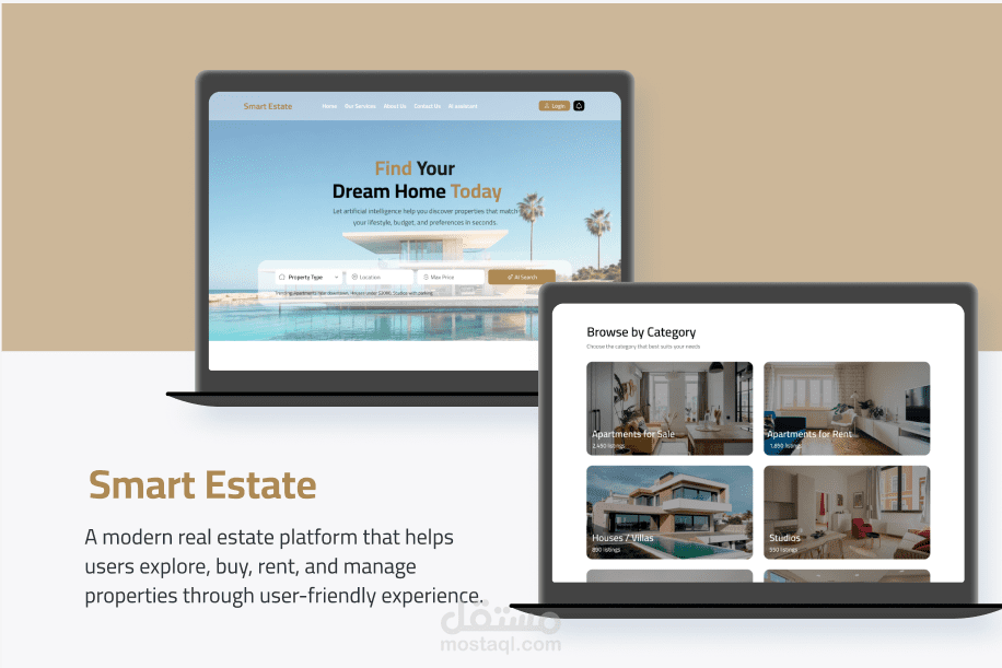 تصميم تجربة ومستخدم واجهات (UI/UX) لمنصة "Smart Estate" العقارية الحديثة.