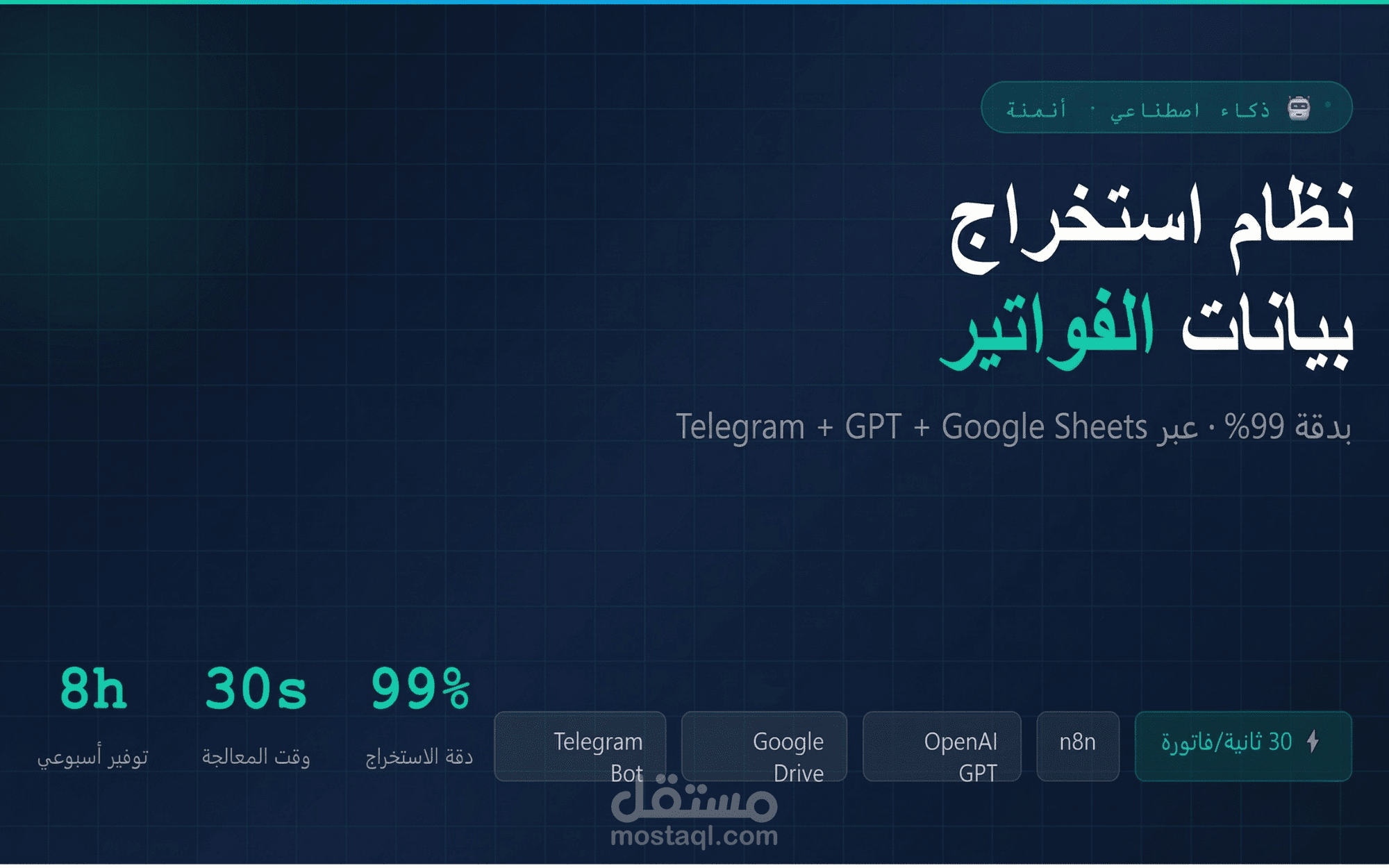 نظام أتمتة استخراج ومعالجة الفواتير بالذكاء الاصطناعي | استخراج تلقائي بدقة 99% من تيليجرام إلى Google Sheets وGoogle Drive | n8n + GPT + بوت تيليجرام
