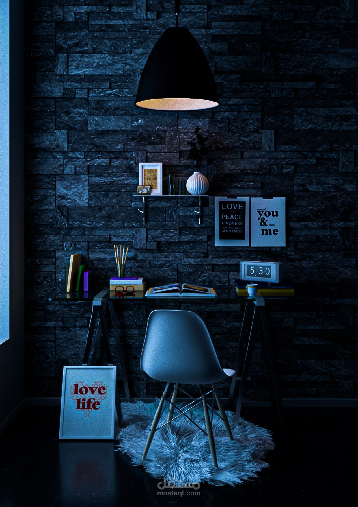 Render an interior and exterior scene