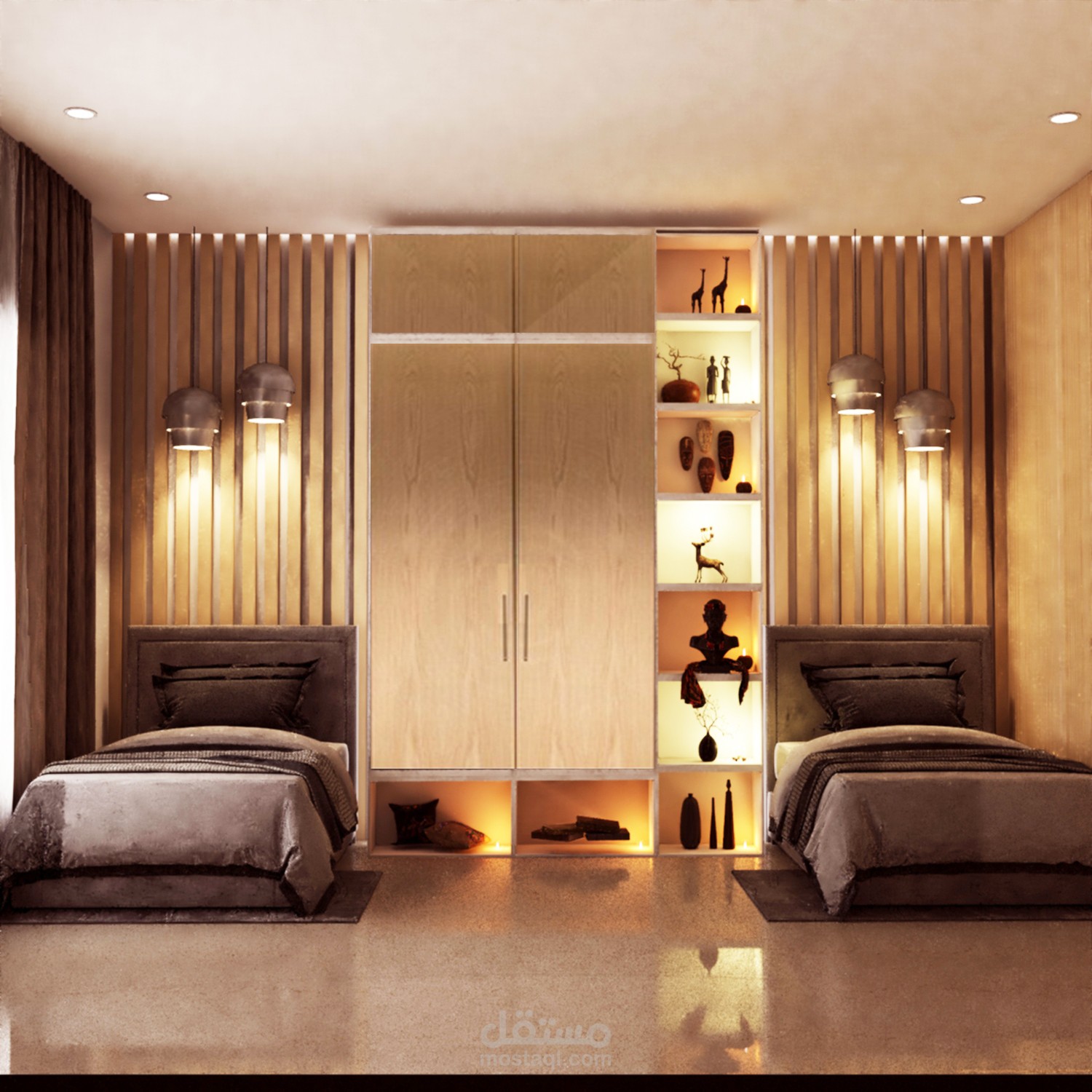 تصميم داخلي لغرفة نوم سريرين