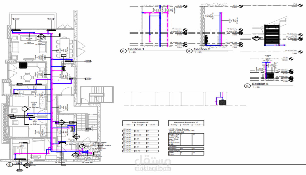 رسم خرائط لانظمة التكييف والميكانيك والصرف الصحي لمبنى سكني Revit