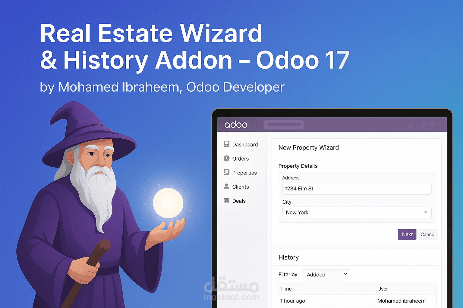 نموذج wizard و History addon لمشروع تطبيق تسويق عقارات علي أودوو Odoo
