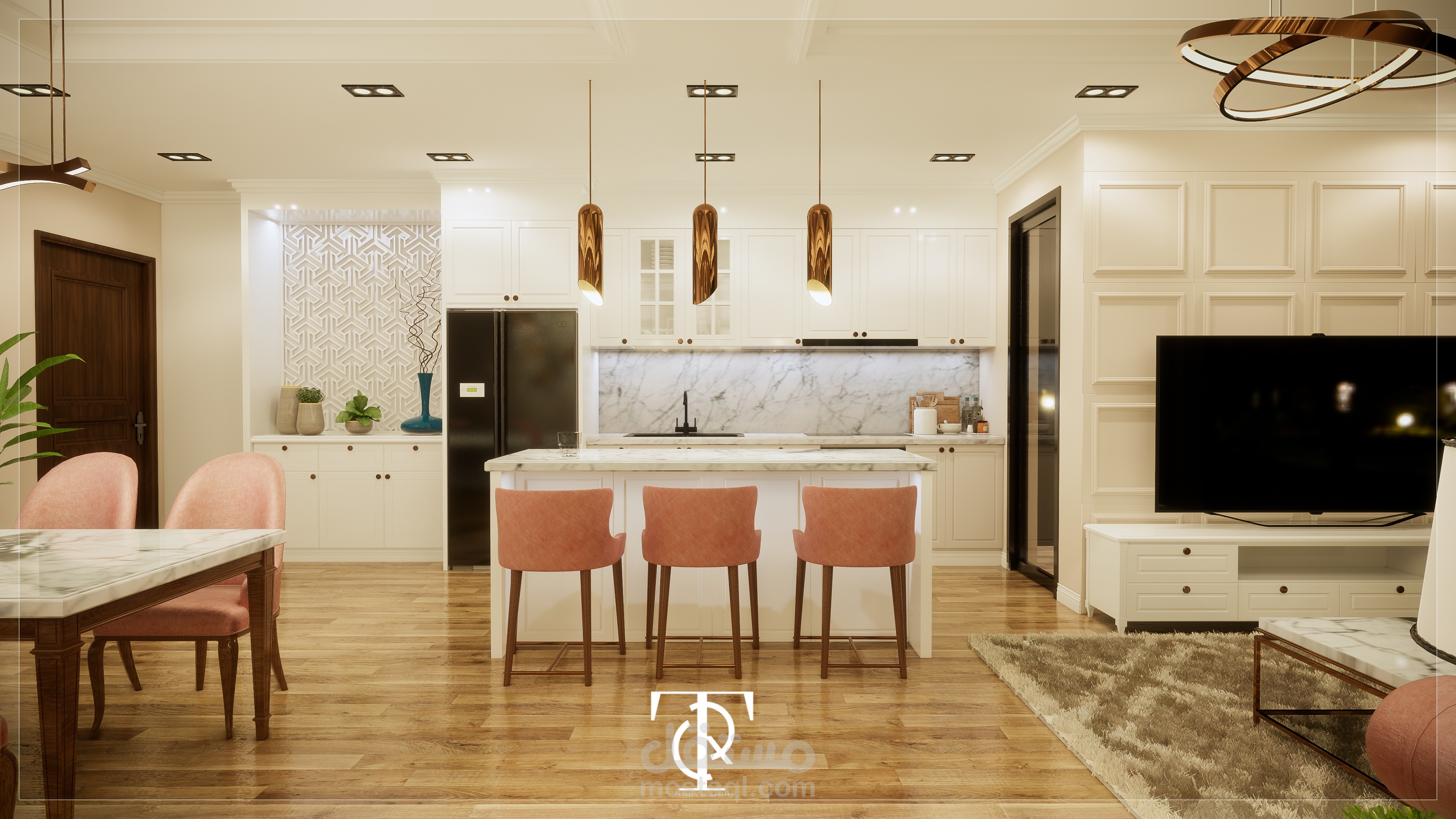 تصميم صالة معيشة مع مطبخ نيو كلاسيك