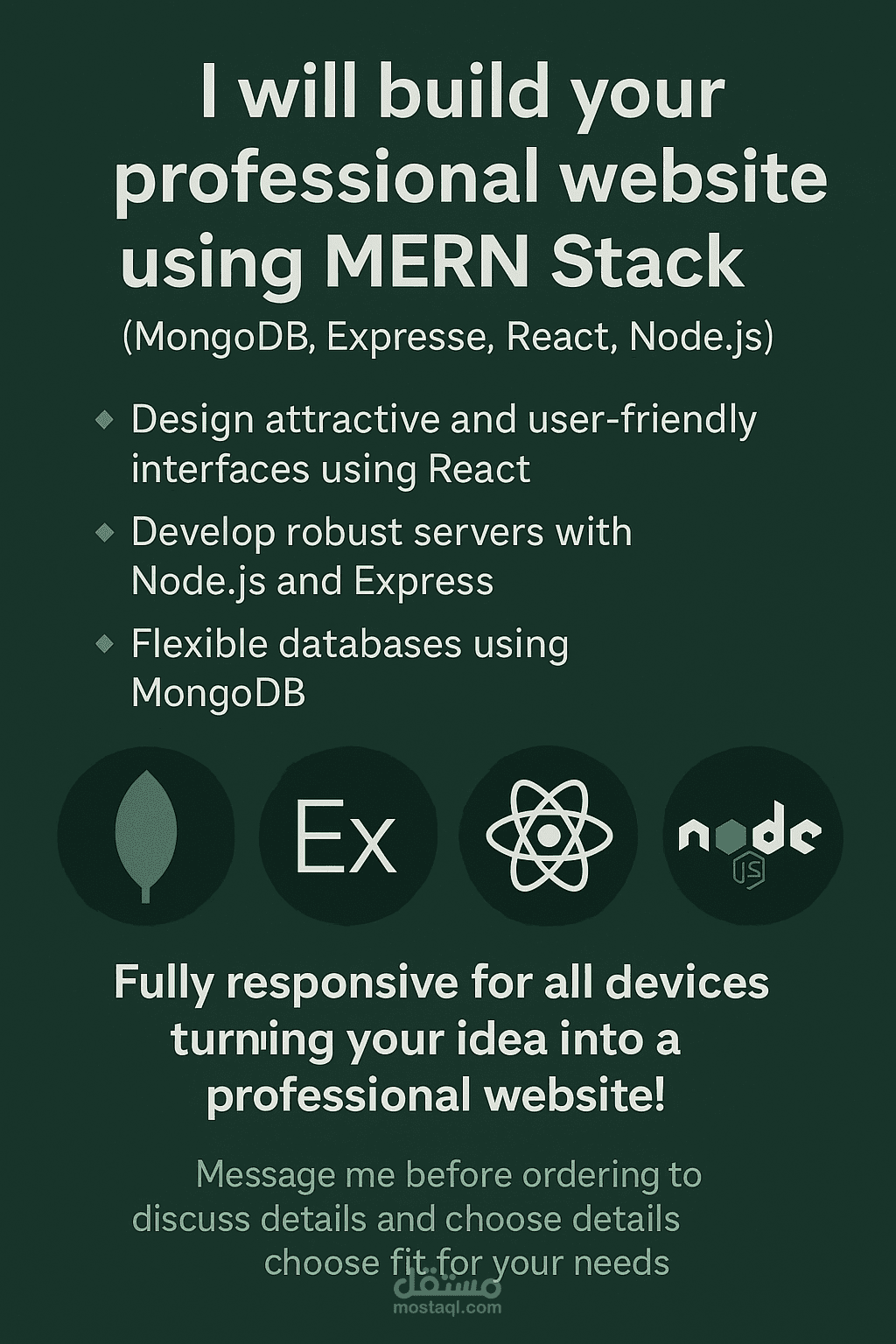 سأطوّر موقعك الاحترافي باستخدام MERN Stack (MongoDB, Express, React, Node.js)