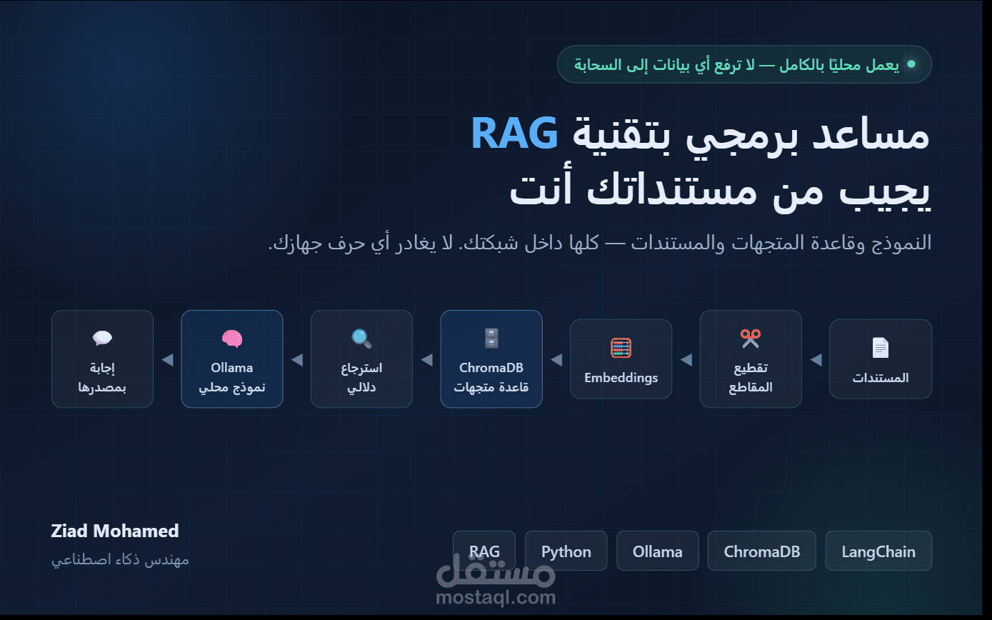 مساعد برمجي بتقنية RAG يعمل محليًا بالكامل — بدون أي خدمة سحابية