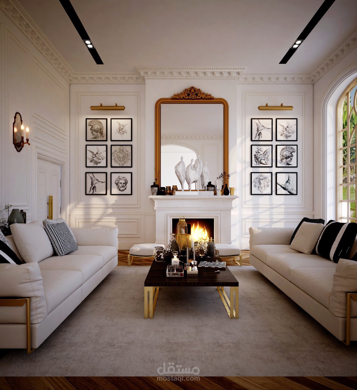 french classic receiption ,white, black,sunny mood