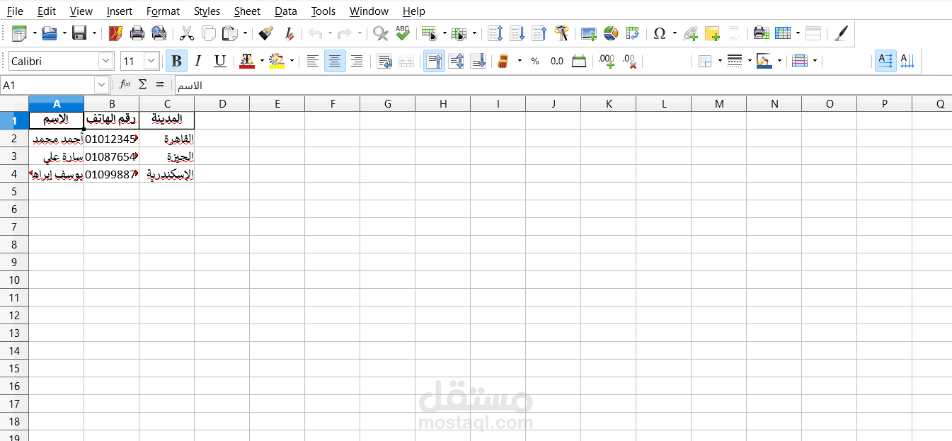 إدخال بيانات باستخدام Excel