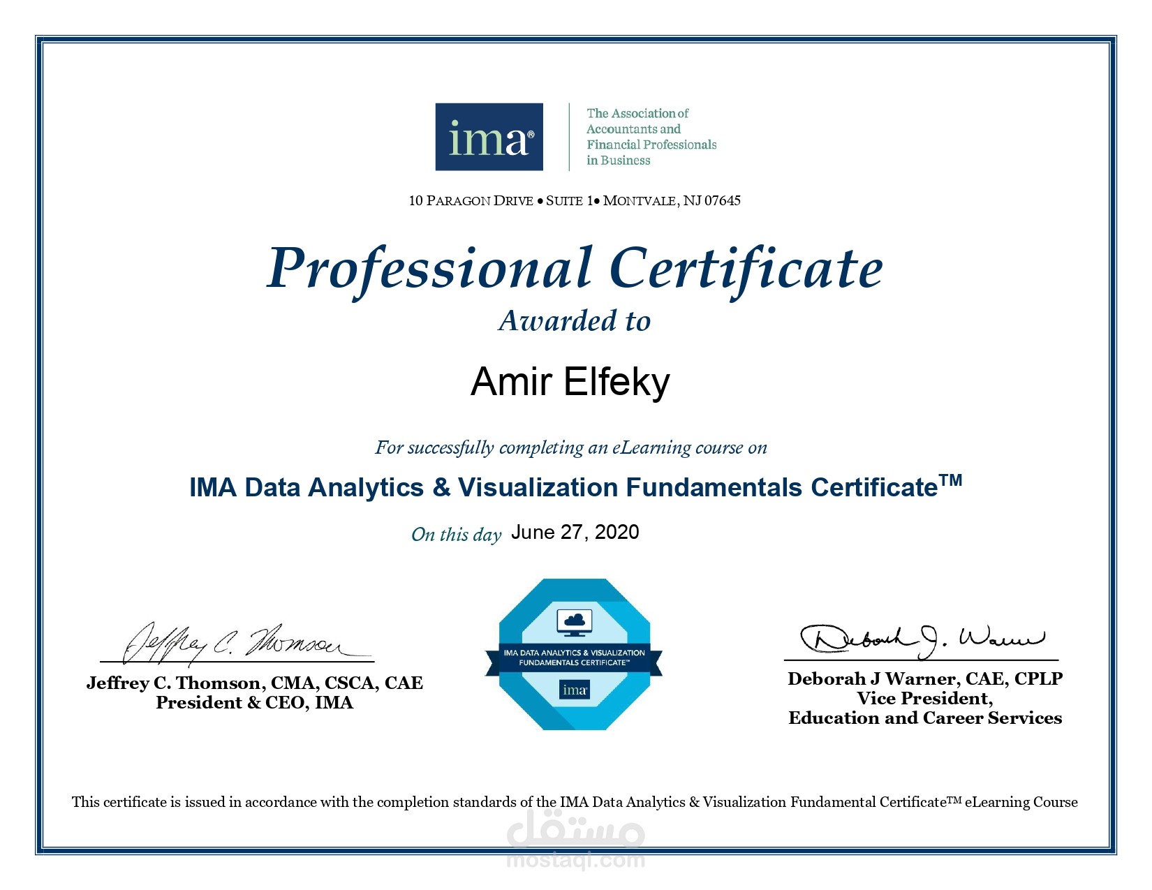 IMA Data Analytics&Visualization Fundamentals Certificate