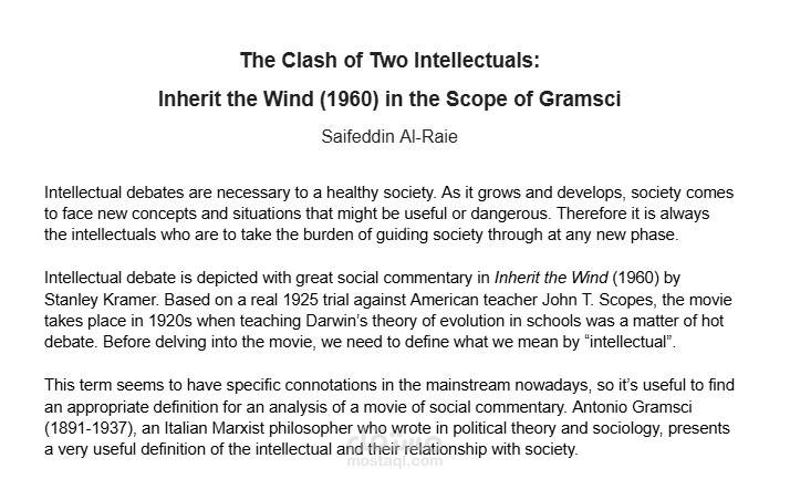 مقالة تحليلية بعنوان "The Clash of Two Intellectuals: Inherit the Wind (1960) in the Scope of Gramsci"