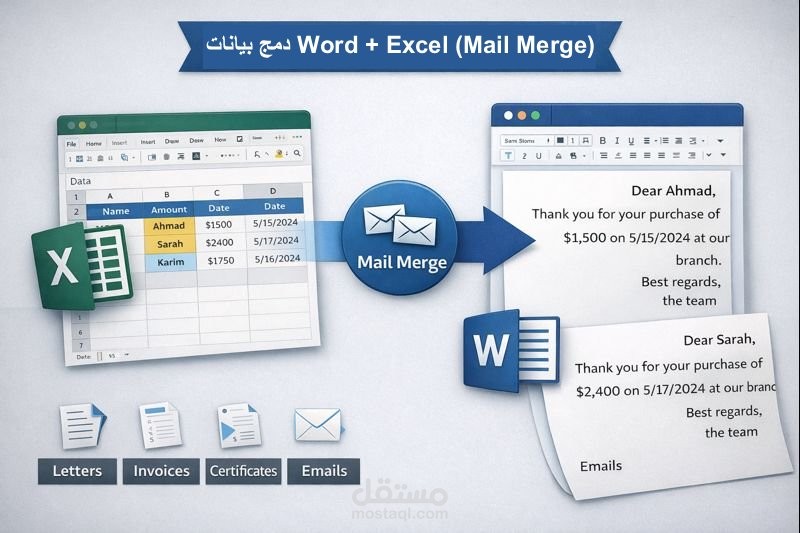 دمج بيانات Word + Excel