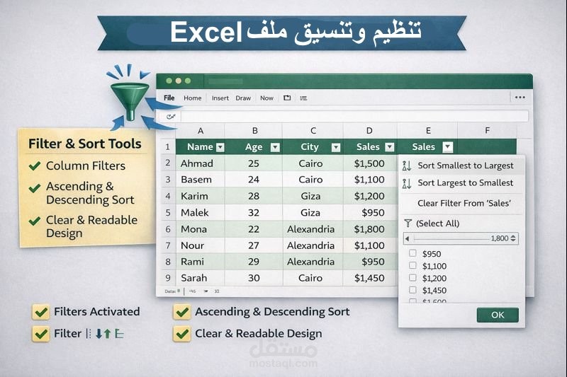 تنظيم وتنسيق ملف Excel